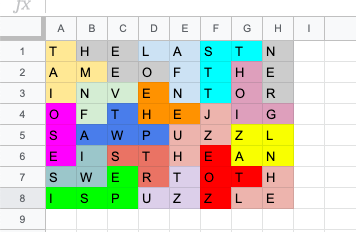 My completed Tetris puzzle. The letters spell “the last name of the inventor of the jigsaw puzzle is the answer to this puzzle”.