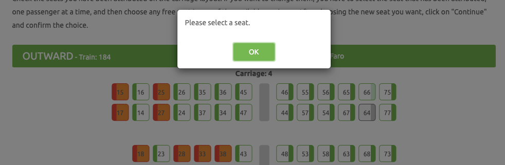 Please select a seat error message