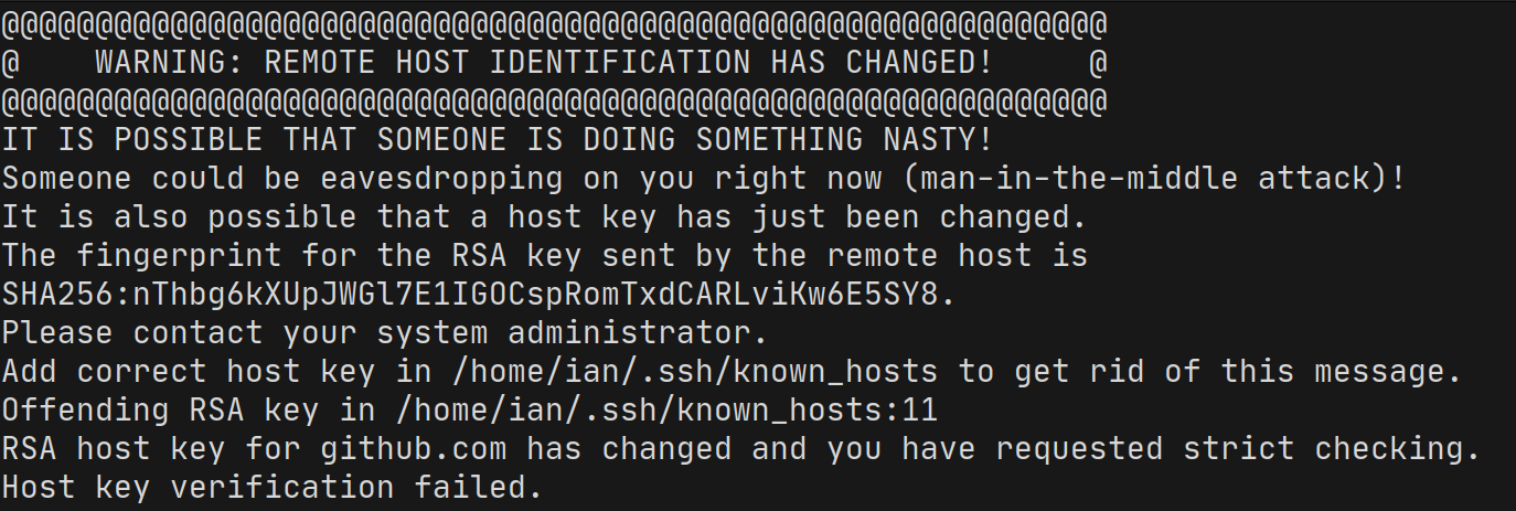screenshot of SSH host key verification error
