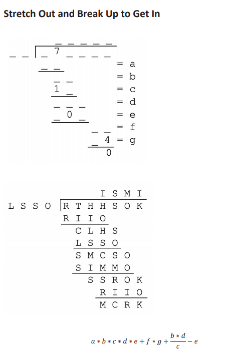 Puzzle eight is a couple of long division problems followed by a longer, more complicated arithmetic problem. The bottom two problems are made of letters.