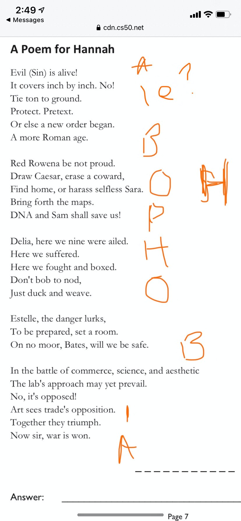 The annotated puzzle with portions highlighted and aibohphobia written in the margin.