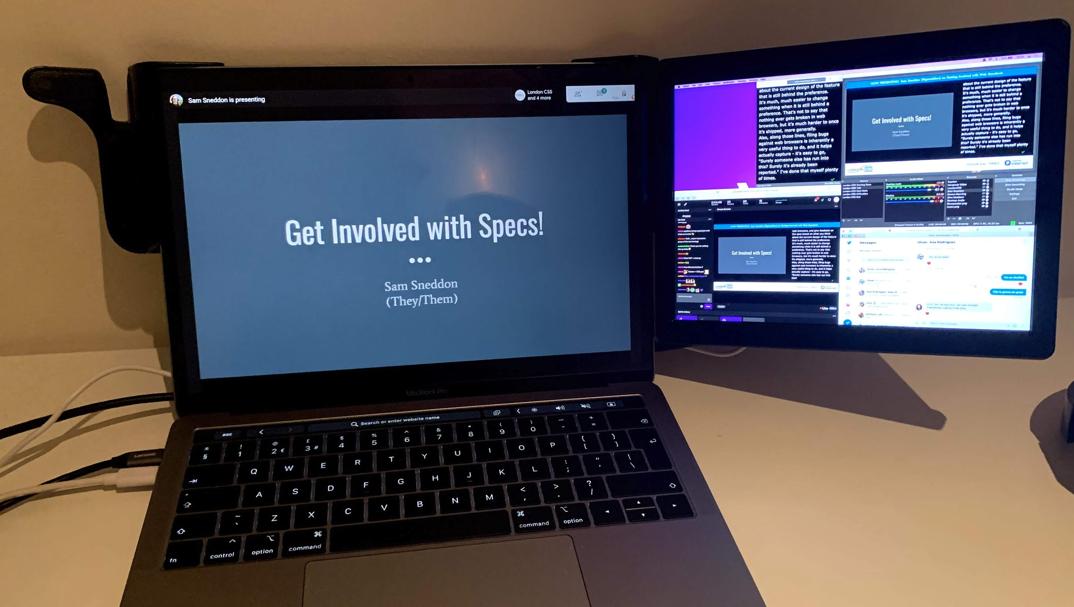 Two screens - on the left is a hangout chat. On the right is four open windows.