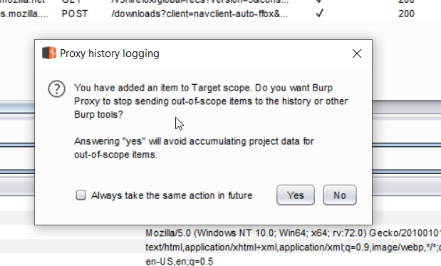Burp Suite - Out of Scope Pop-up
