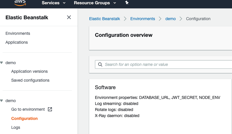 Elastic Beanstalk environment configuration