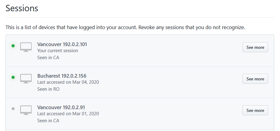 Screenshot showing a three sessions with two in vancouver and one in romania