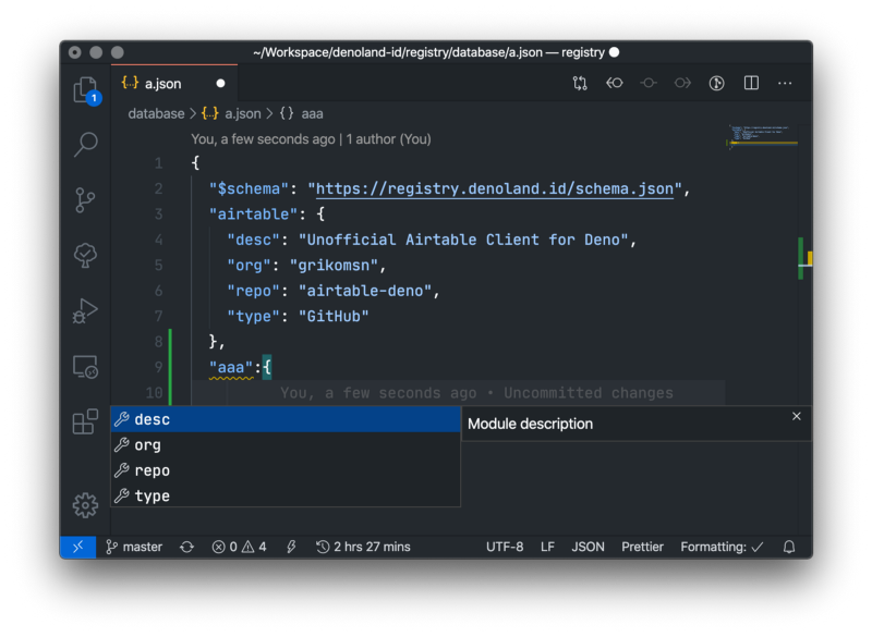VS Code type-hinting the database file.