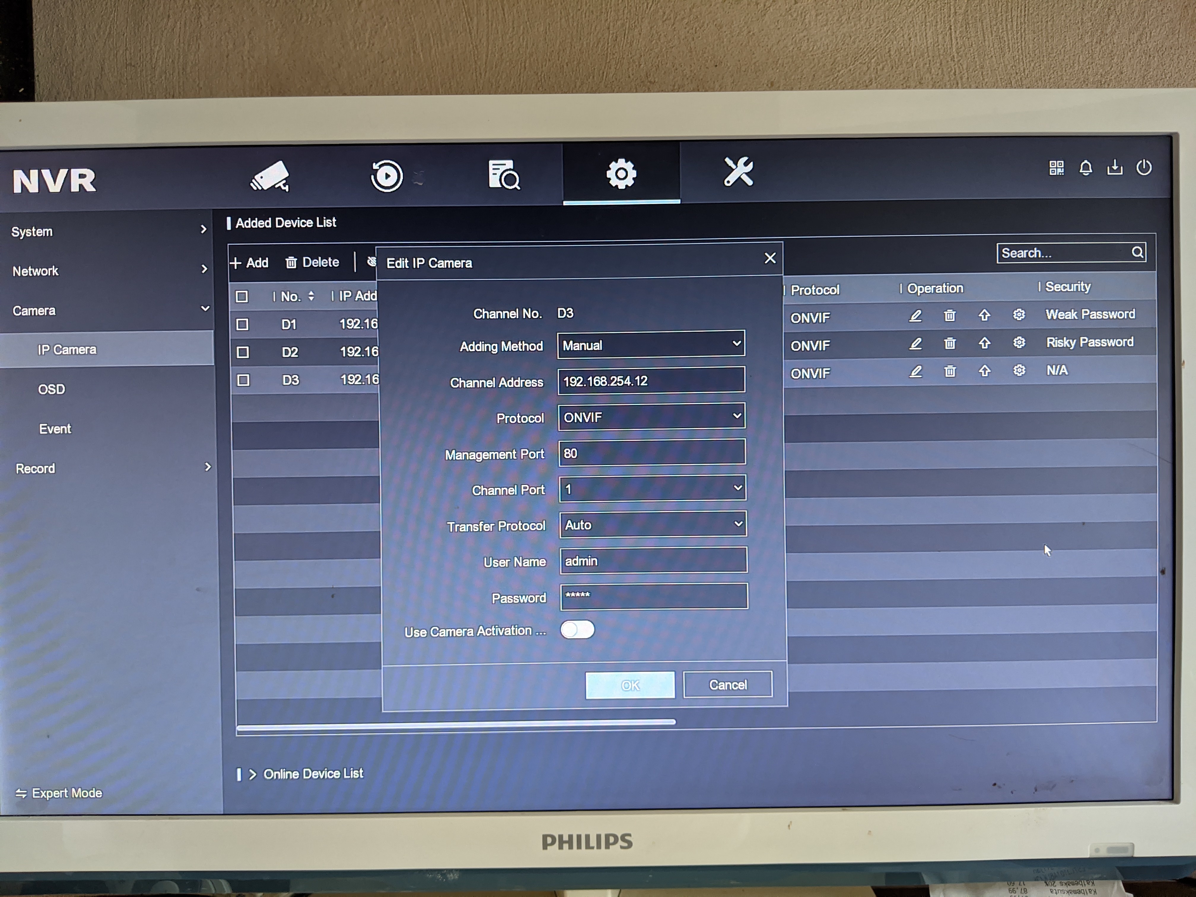 Hikvision setup screen