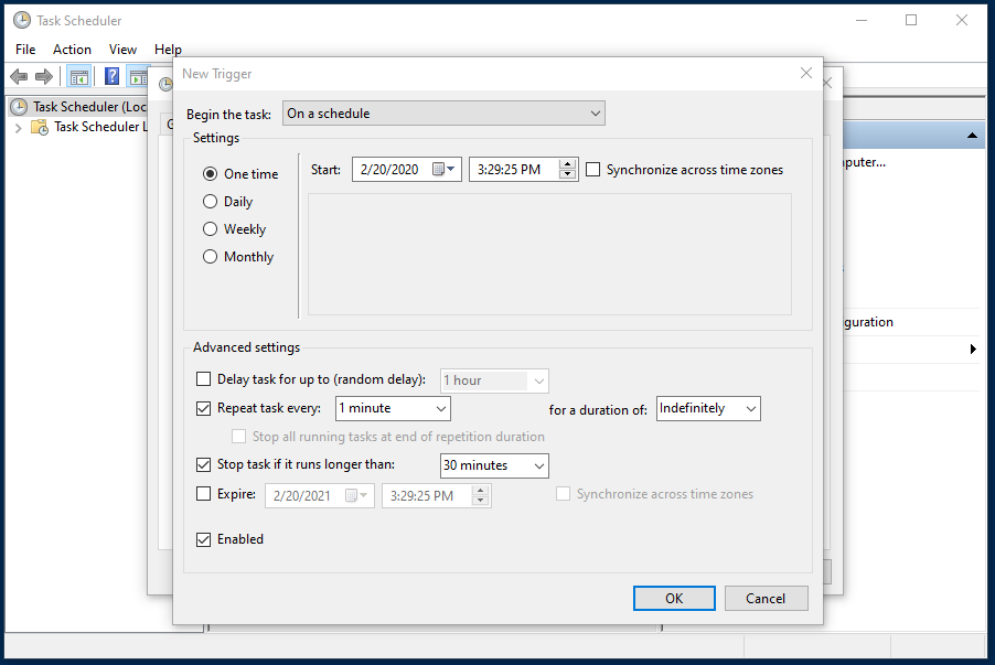 Windows Task Scheduler - Creating a time based entry that repeats every minute, like CRON of * * * * *