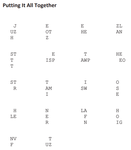 Puzzle six is about a dozen groups of letters. Each set in a bit of a random 3x3 grid of their own.