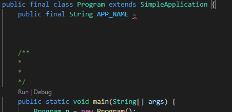 An <b>ENTIRE LINE</b> taken up by gray text that says "Run \| Debug".