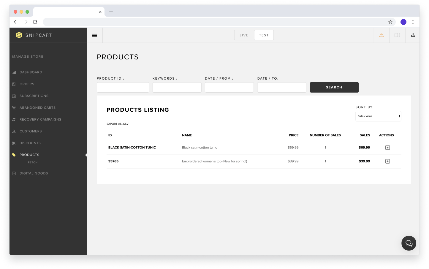 Once your shop is live at a publicly accessible URL, Snipcart will populate with products it finds on the site.