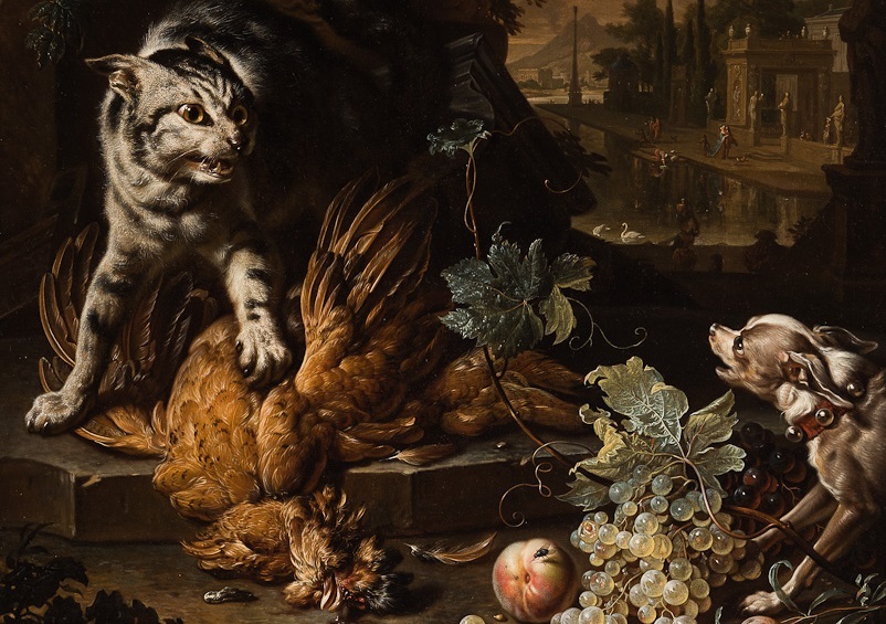 A Cat Protecting Spoils from a Dog