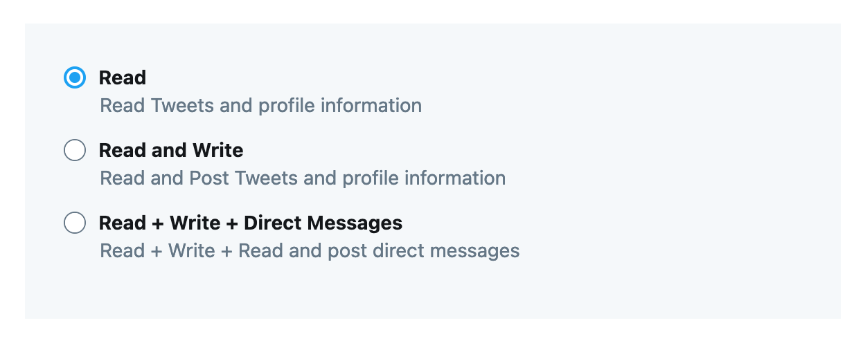 A screenshot of the settings page on Twitter for authorizing DEV, showing options for Read, Read and Write, Read, Write and Direct Messages
