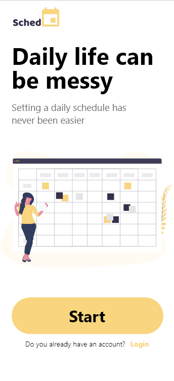 Start screen mockup for the Schedu app