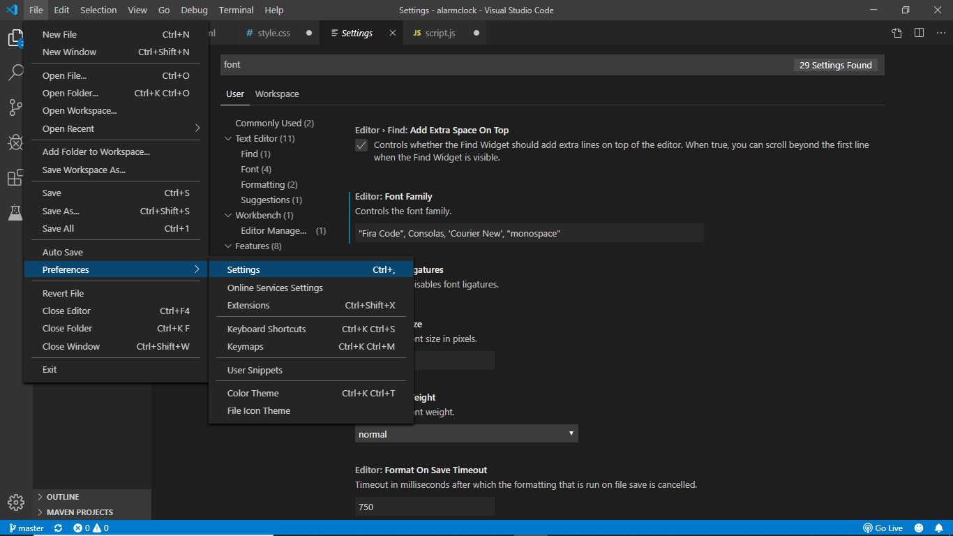 Как поменять шрифт в vs code