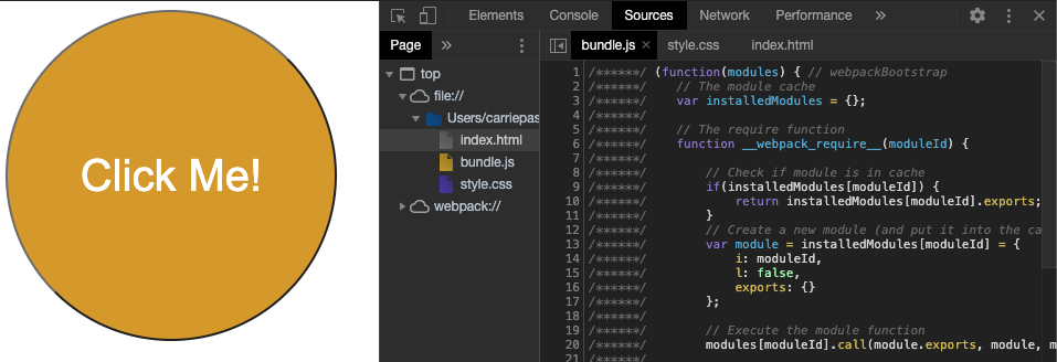 Your JavaScript code has been bundled into one file. By navigating to the Sources tab, you can see the bundle.js file where your bundled code lives.