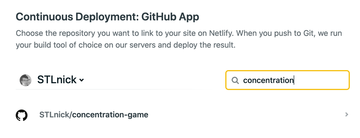 Netlify find repo for new site