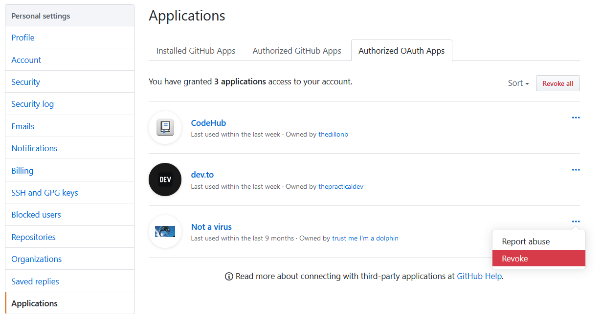 Screenshot showing a list of authorized apps