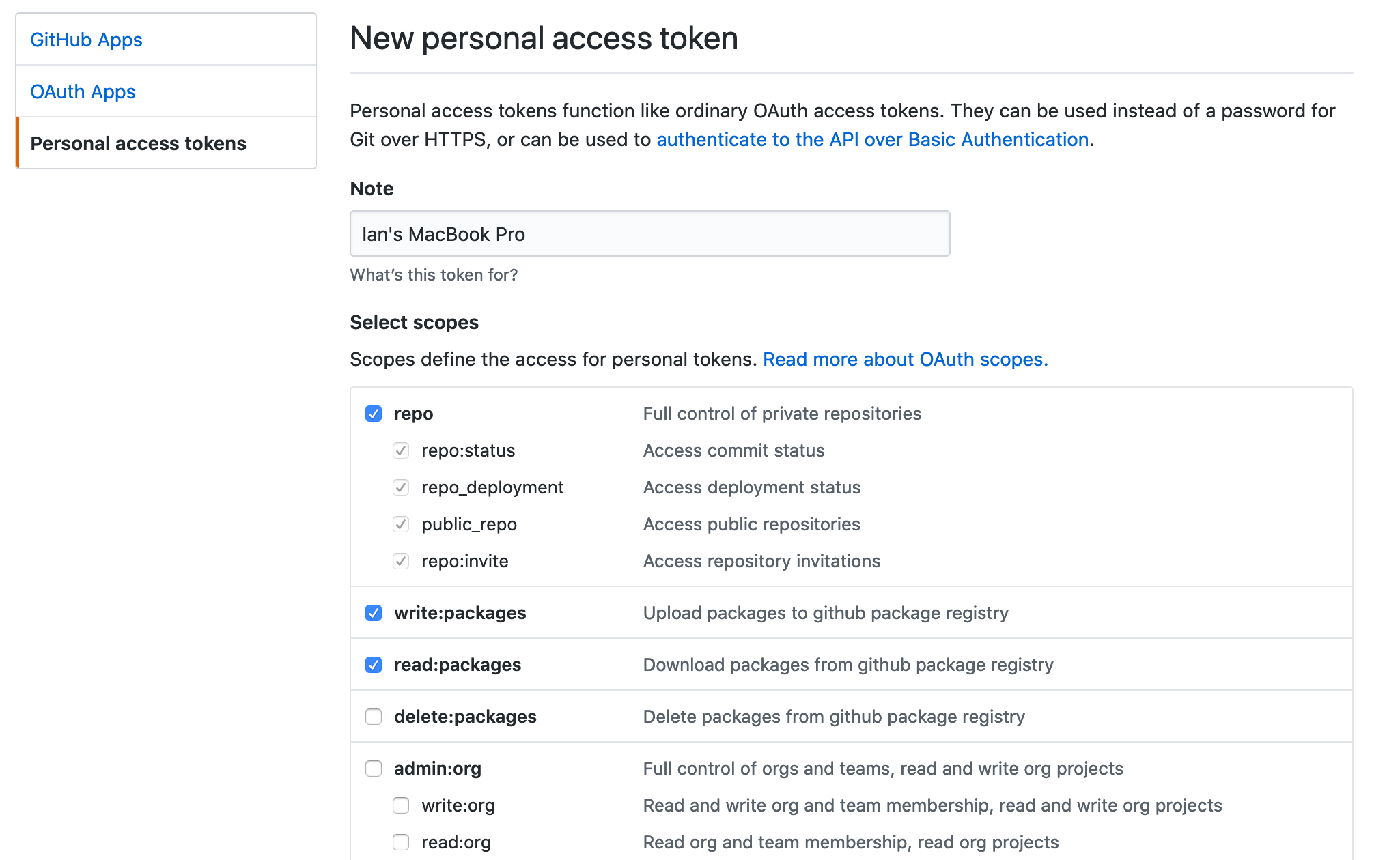 screenshot showing the setup page for a github access token