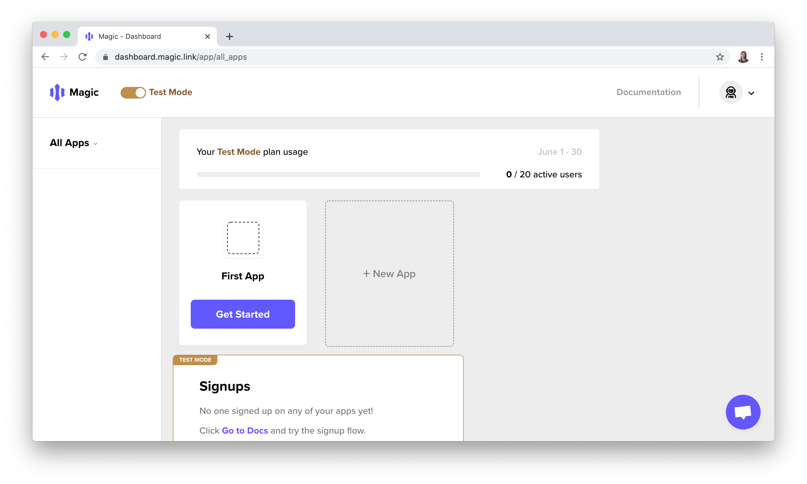 Initial Magic dashboard view