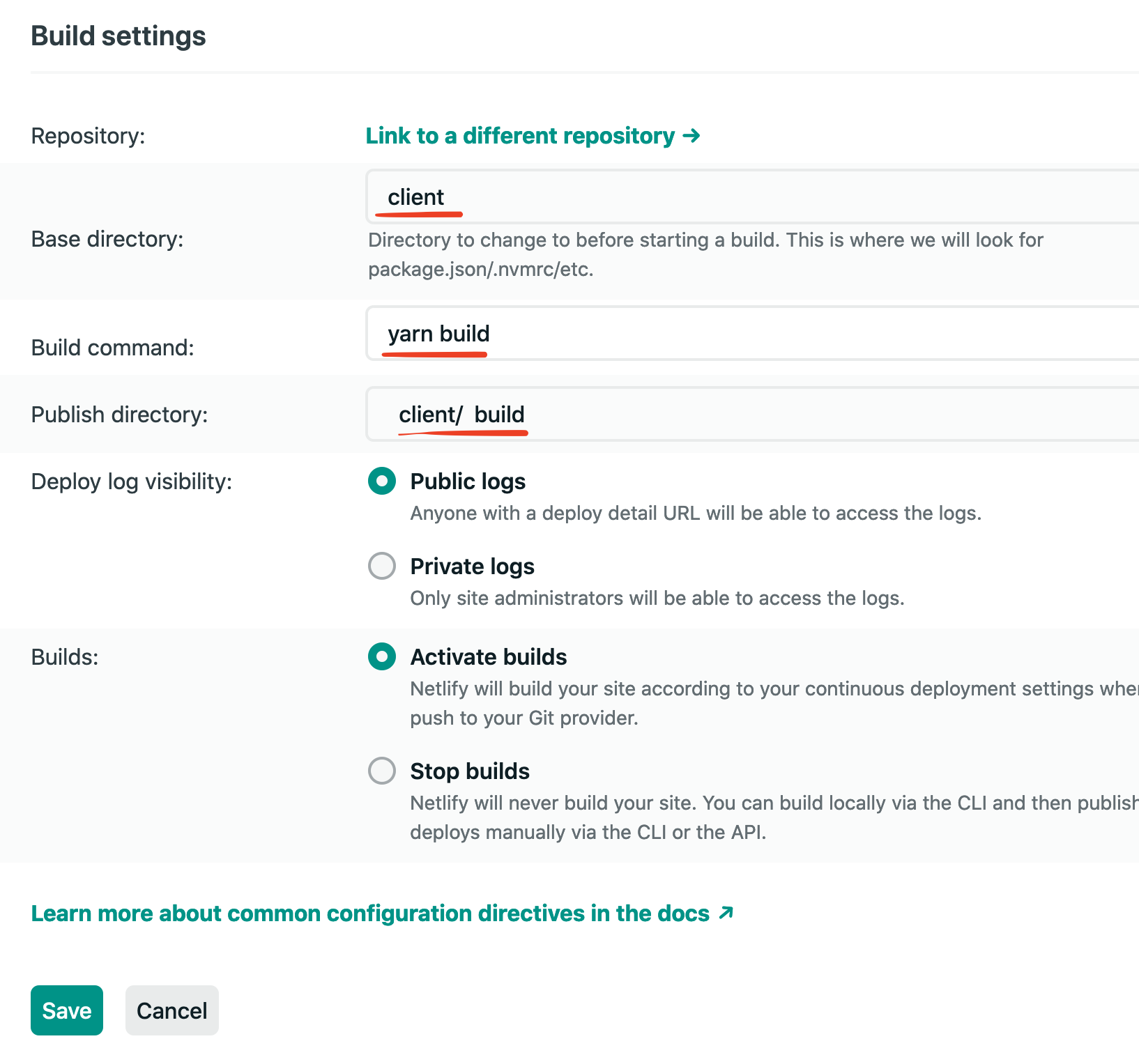 Netlify edit site build settings form
