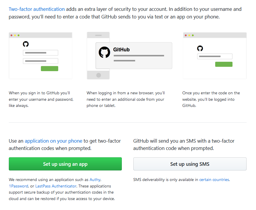 Screenshot showing the setup page for configuring two factor authentication on github