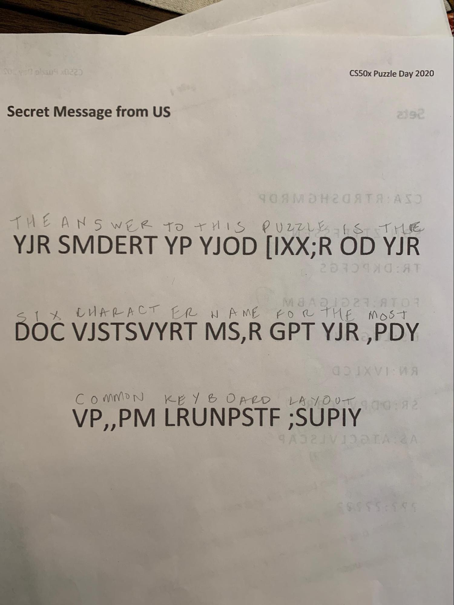 The completed puzzle with the decrypted message written above.