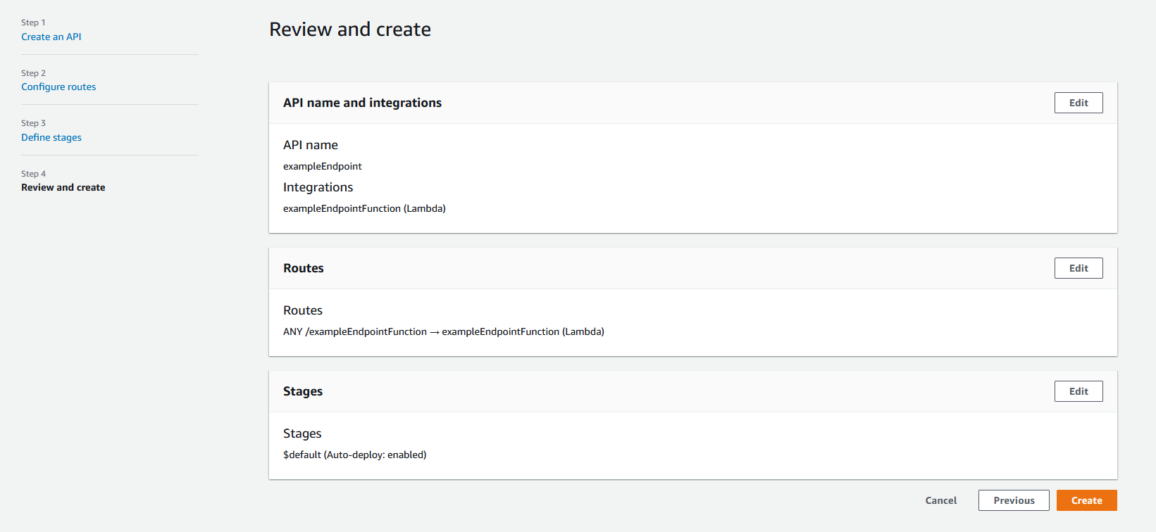 The last step for creating an API. This API has example endpoint as the name with a Lambda integration.