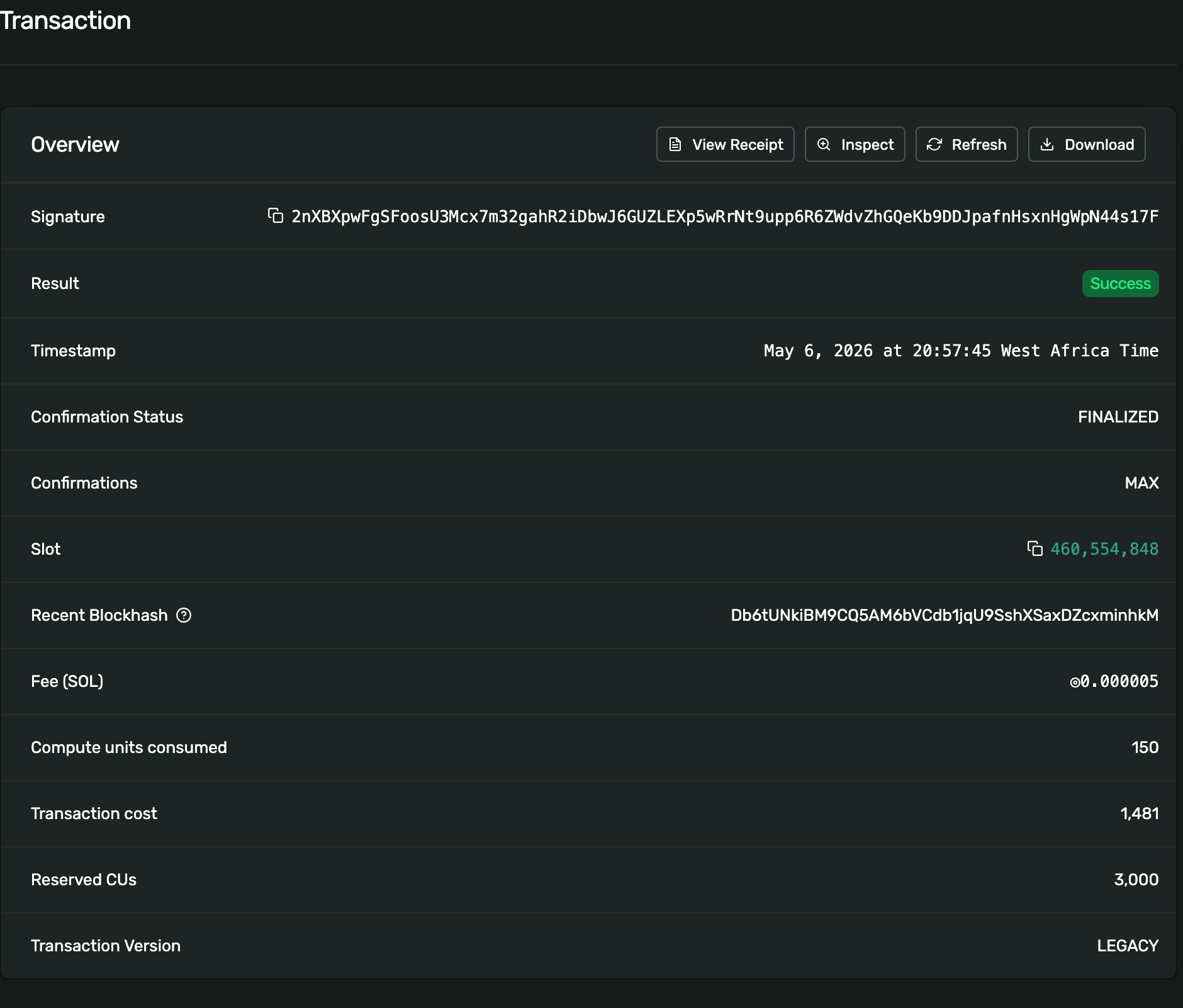Screenshot of the inspected transaction on Solana Explorer