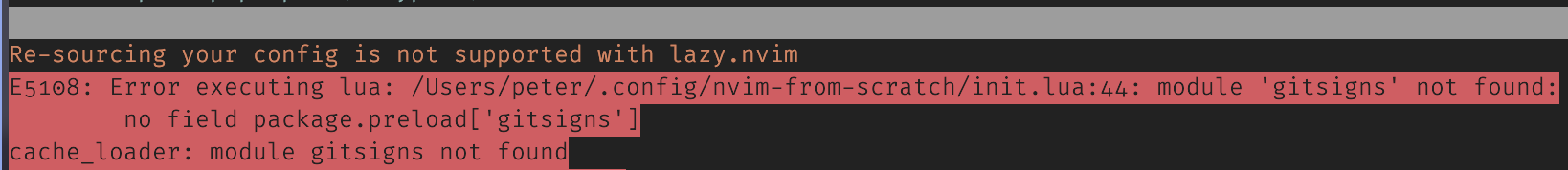 Screenshot showing lazy.nvim warning, and a gitsigns initialisation error