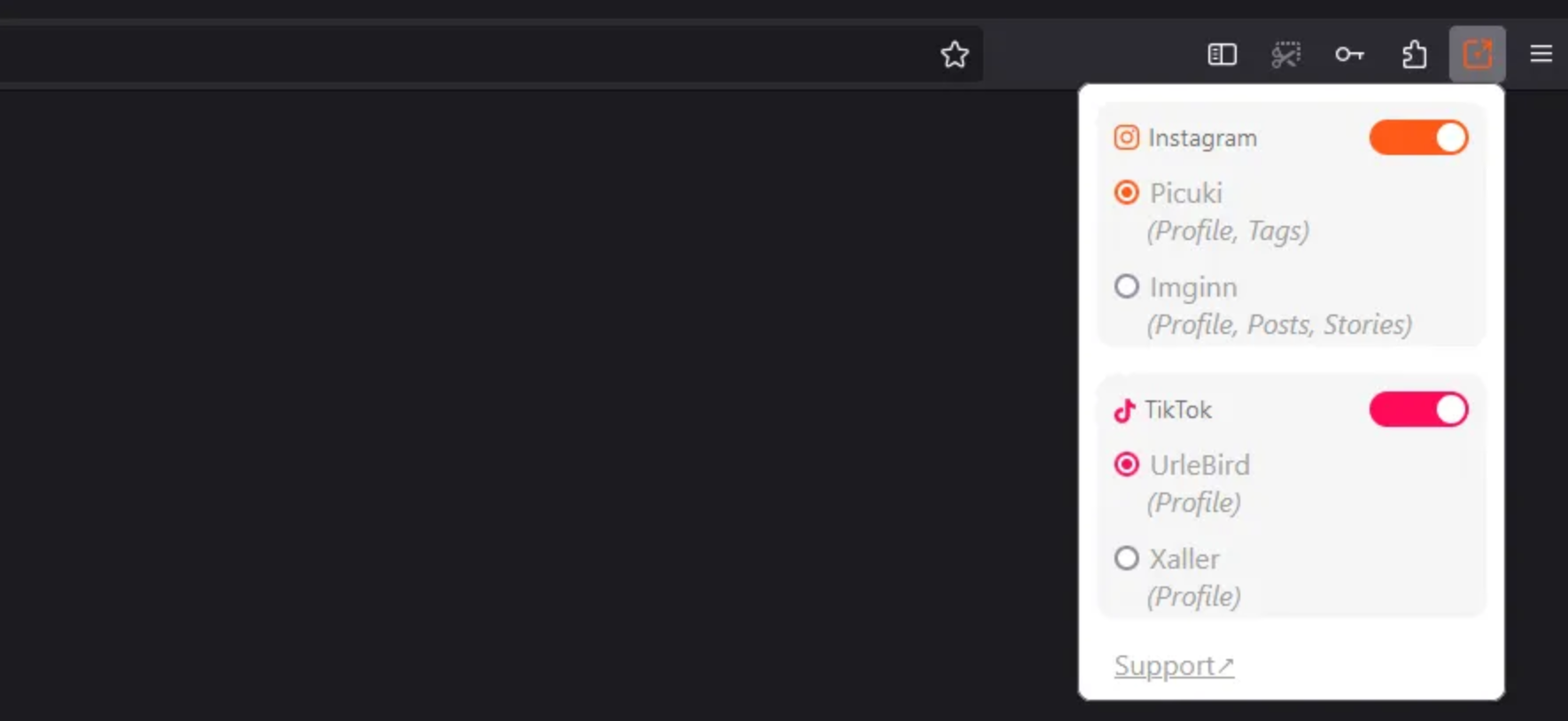 Social switch dropdown showing the extension working in a browser