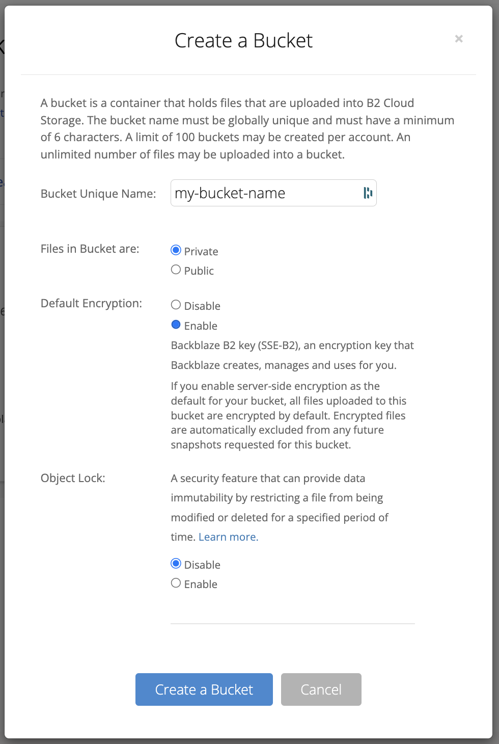 Backblaze create bucket