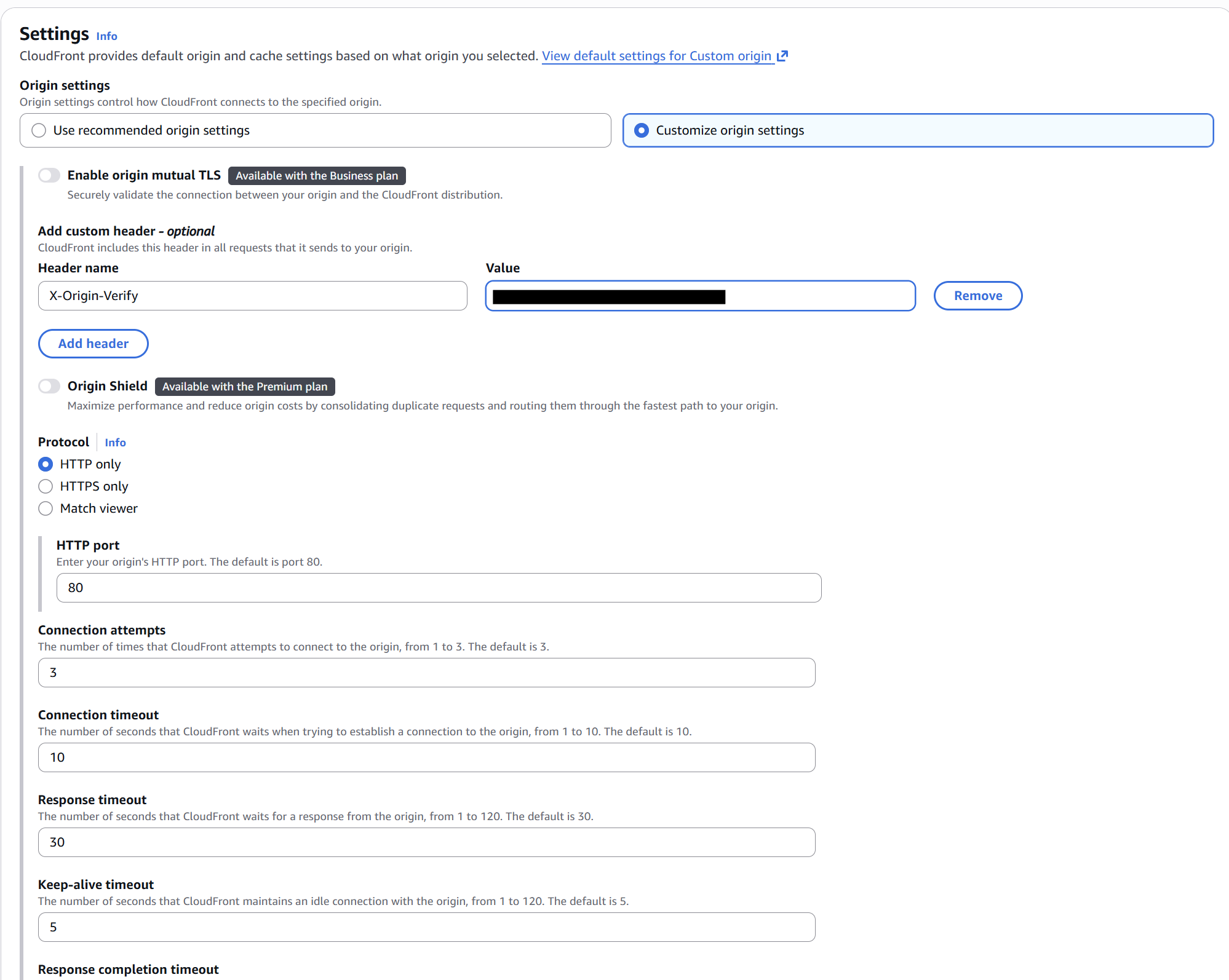 Custom origin header configuration with X-Origin-Verify secret