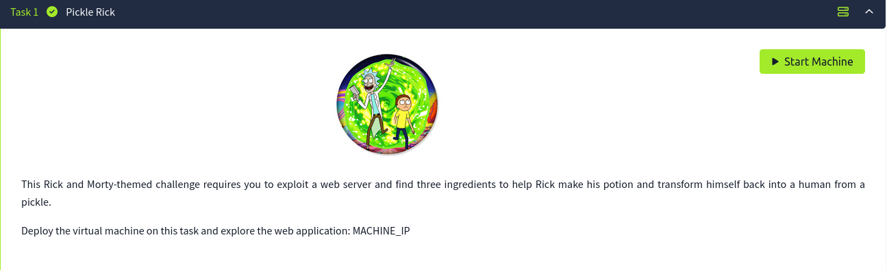 Tela de início da Máquina virtual Pickle Rick do TryHackMe