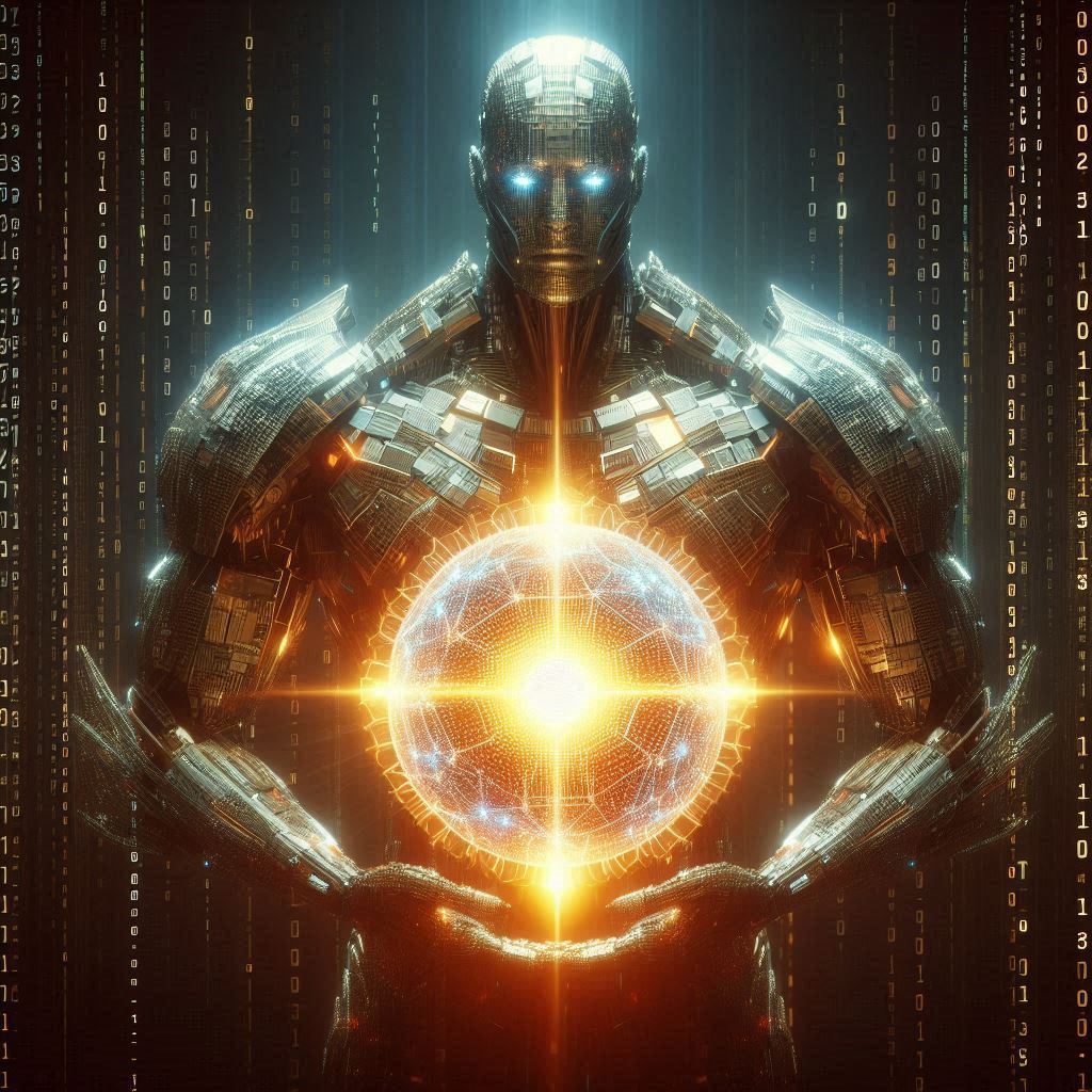 A powerful, imposing figure made of code blocks, standing guard over a glowing sphere of data. The figure is radiating a warm, inviting light, symbolizing safety and security. The sphere of data is surrounded by a protective shield, representing the protection provided by lifetimes.