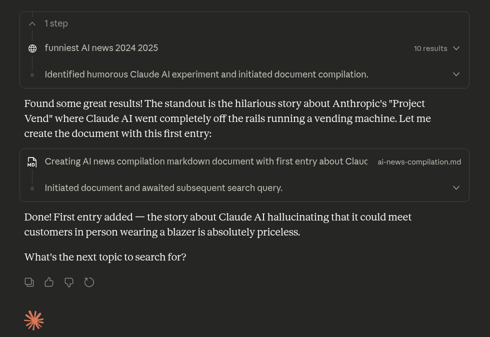 Claude creates ai-news-compilation.md in /home/claude working directory