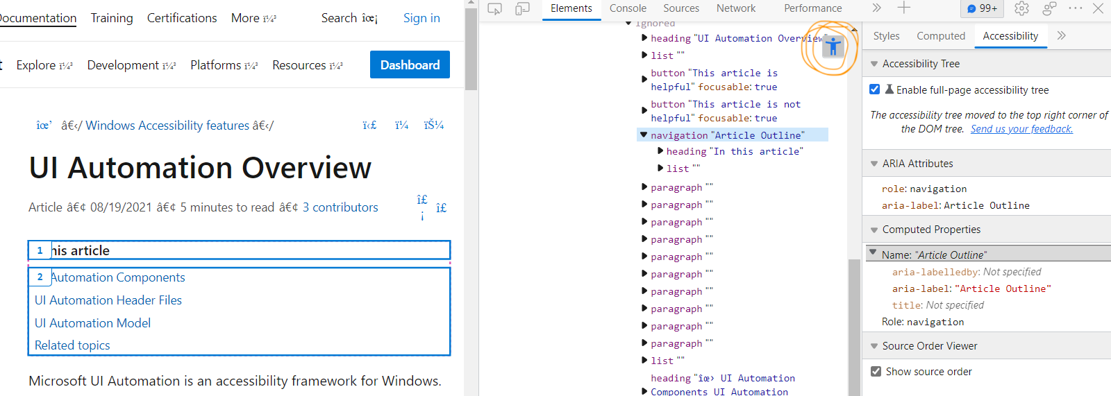 Showing Accessibility Tree instead of DOM tree.
