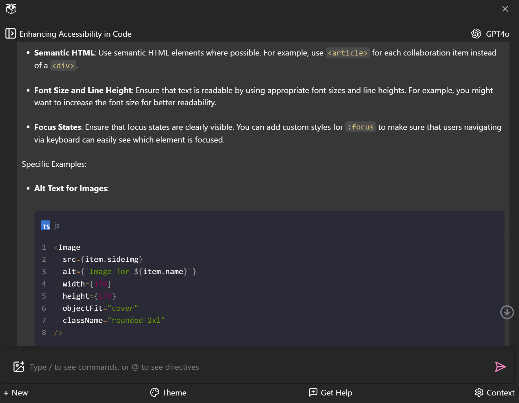 Screenshot using the Pieces Copilot, asking how to make the code more accessible