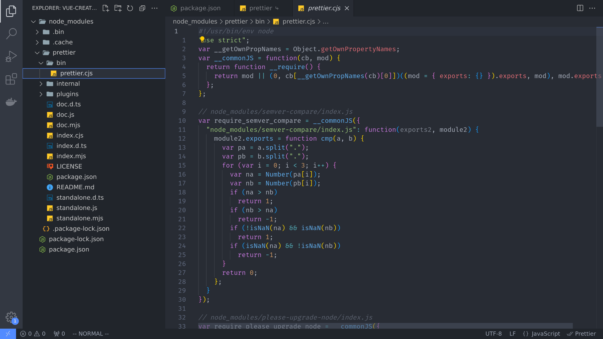A screenshot depicting the path './bin/prettier.cjs' within the Prettier package, showcasing the file structure and content of the specified file