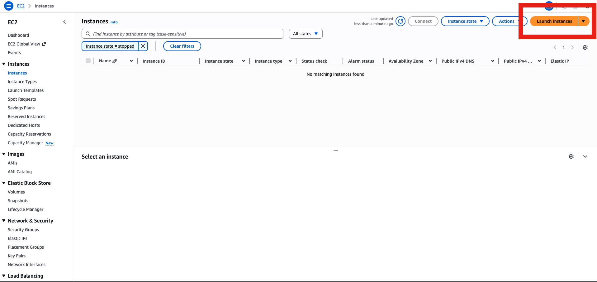 Press Launch Instance in the EC2 menu