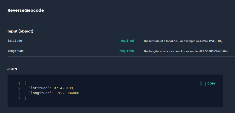Preview of input examples for ReverseGeocode use-case
