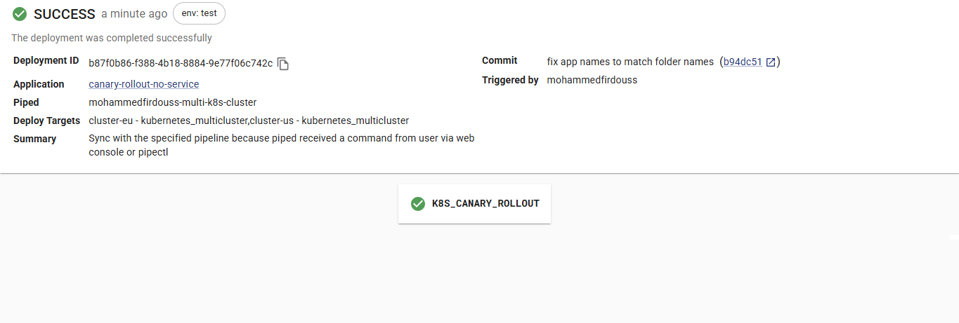 Canary rollout success — deploy targets: cluster-eu + cluster-us