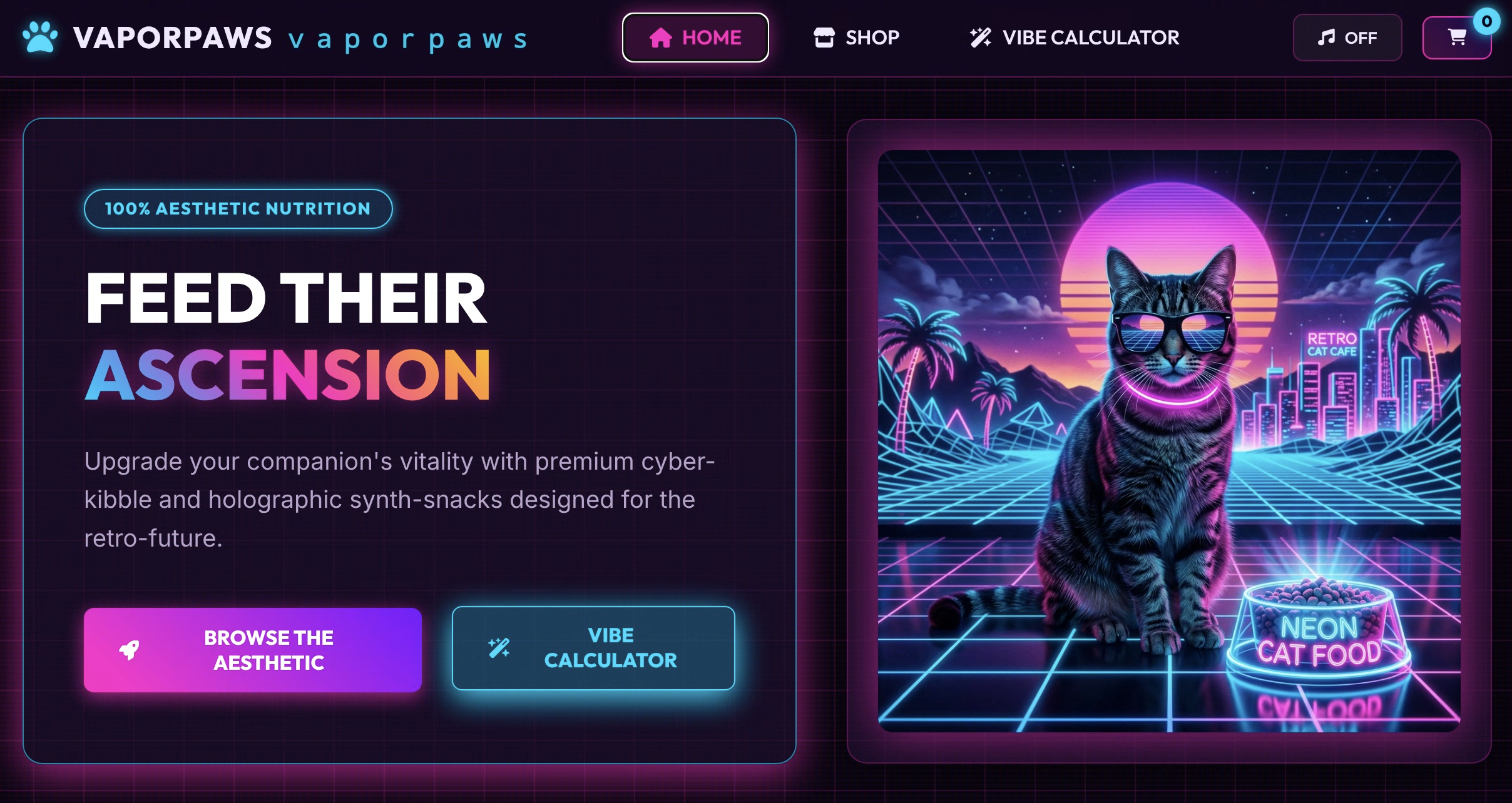 Screenshot of Vaporpaws web app, dark themed with a ridiculous neon cat food generated image and too many bells and whistles to describe in words.