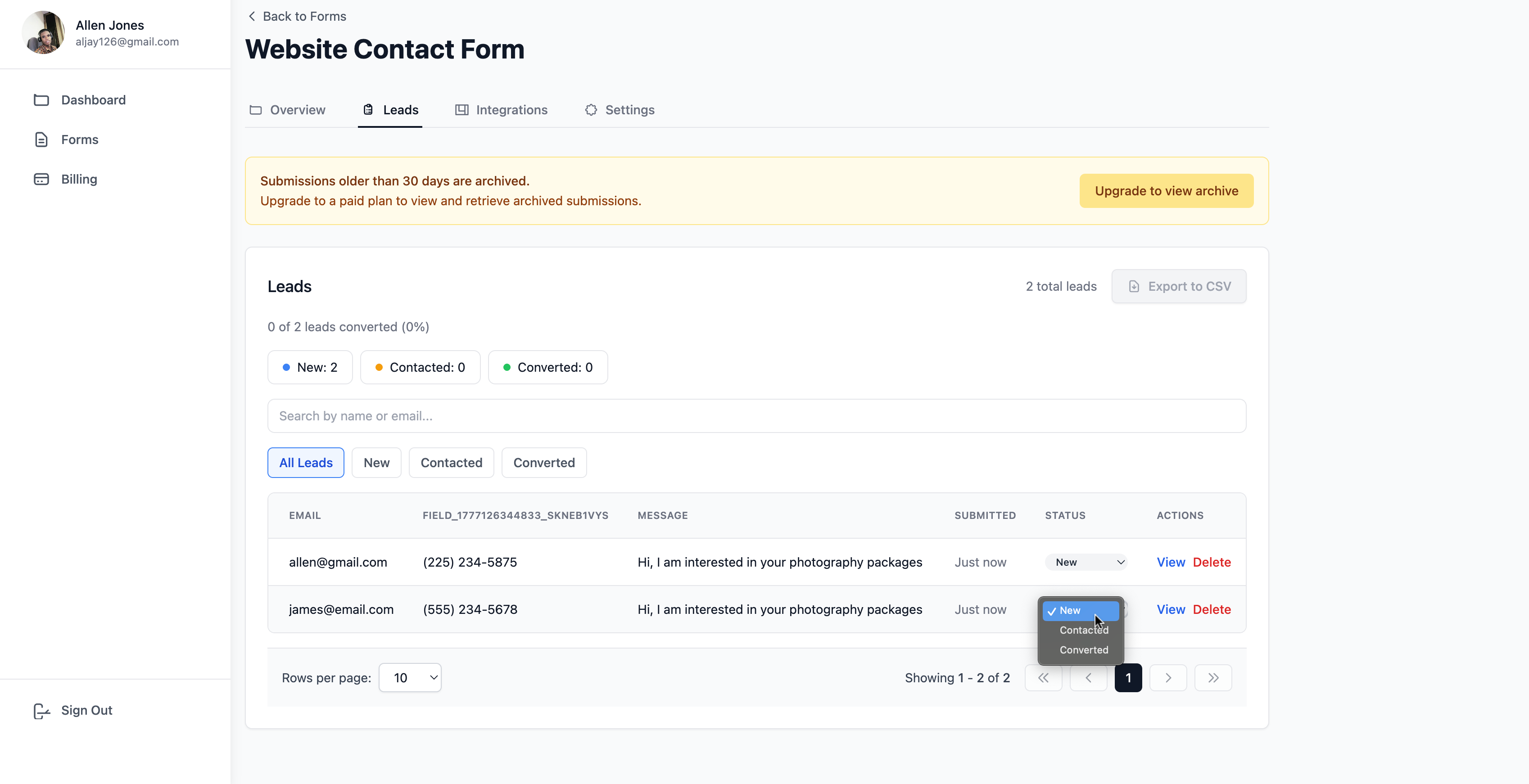 Lead status dropdown in Formgrid dashboard