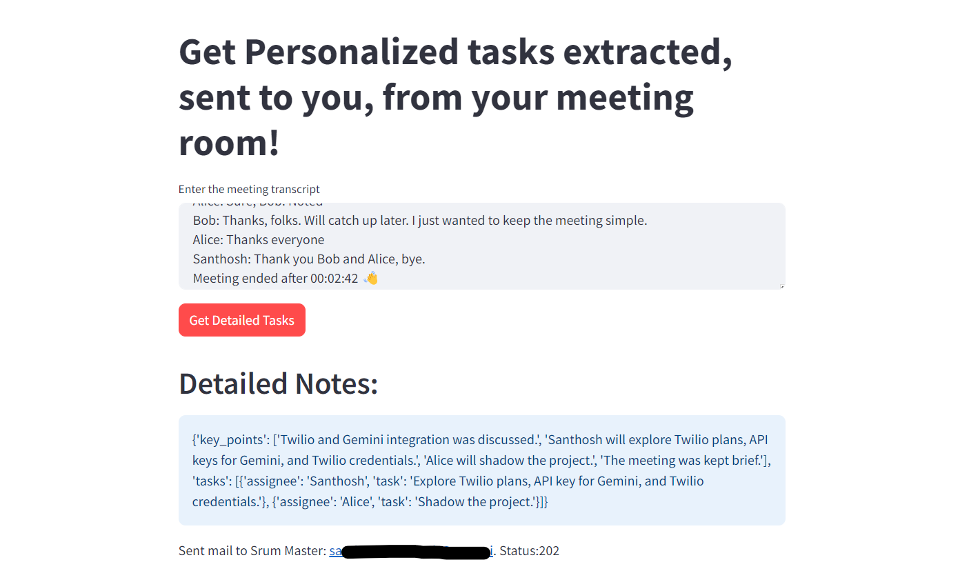 App homepage where you can paste the meet transcript in provided text box