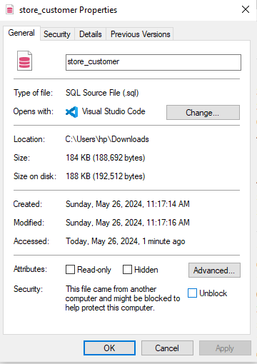 Unblock sql file to allow changes to the PC