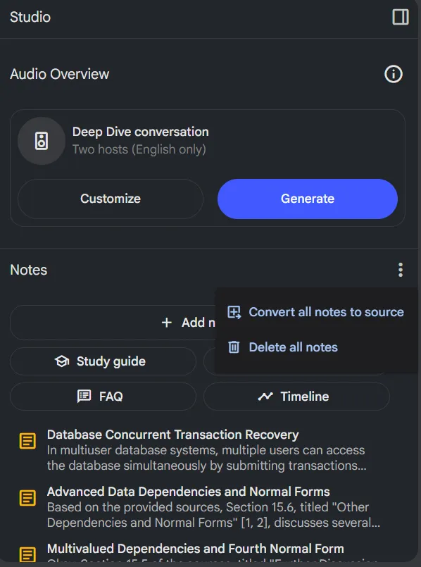 studio section in notebooklm to convert notes to source