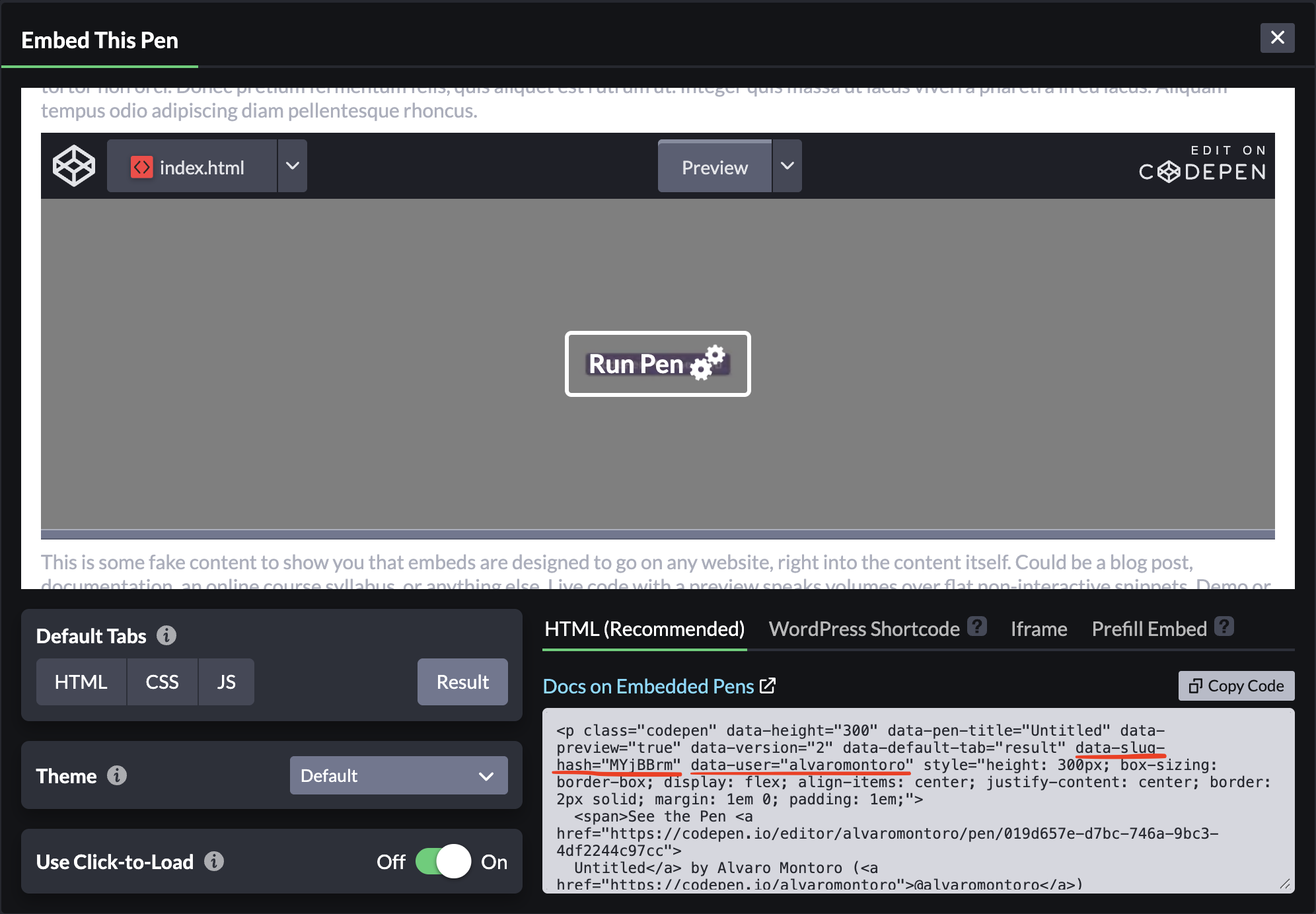 Screenshot of CodePen share modal with the data-slug-hash attribute and data-user highlighted