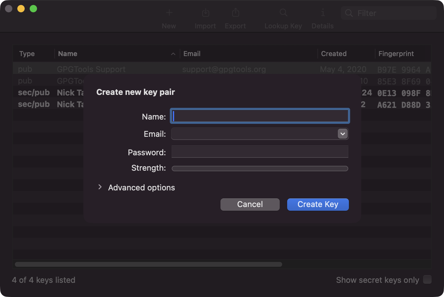 新的密鑰對對話框