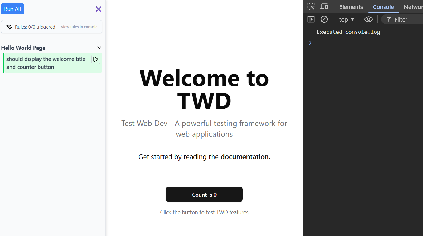 tutorial homepage with tests executed